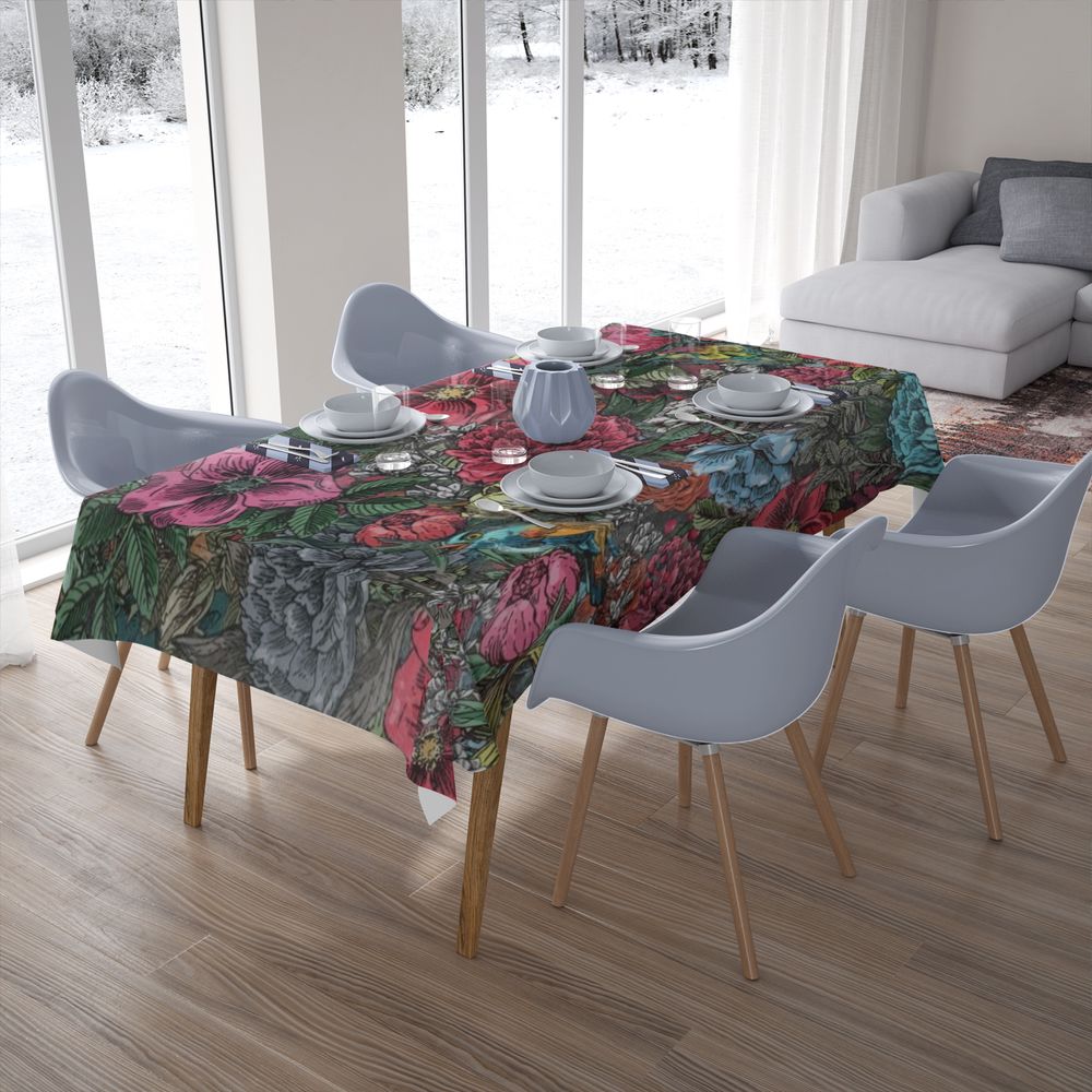 Полотняная 3D скатерть для стола «Птицы в ярких цветах» вид 7