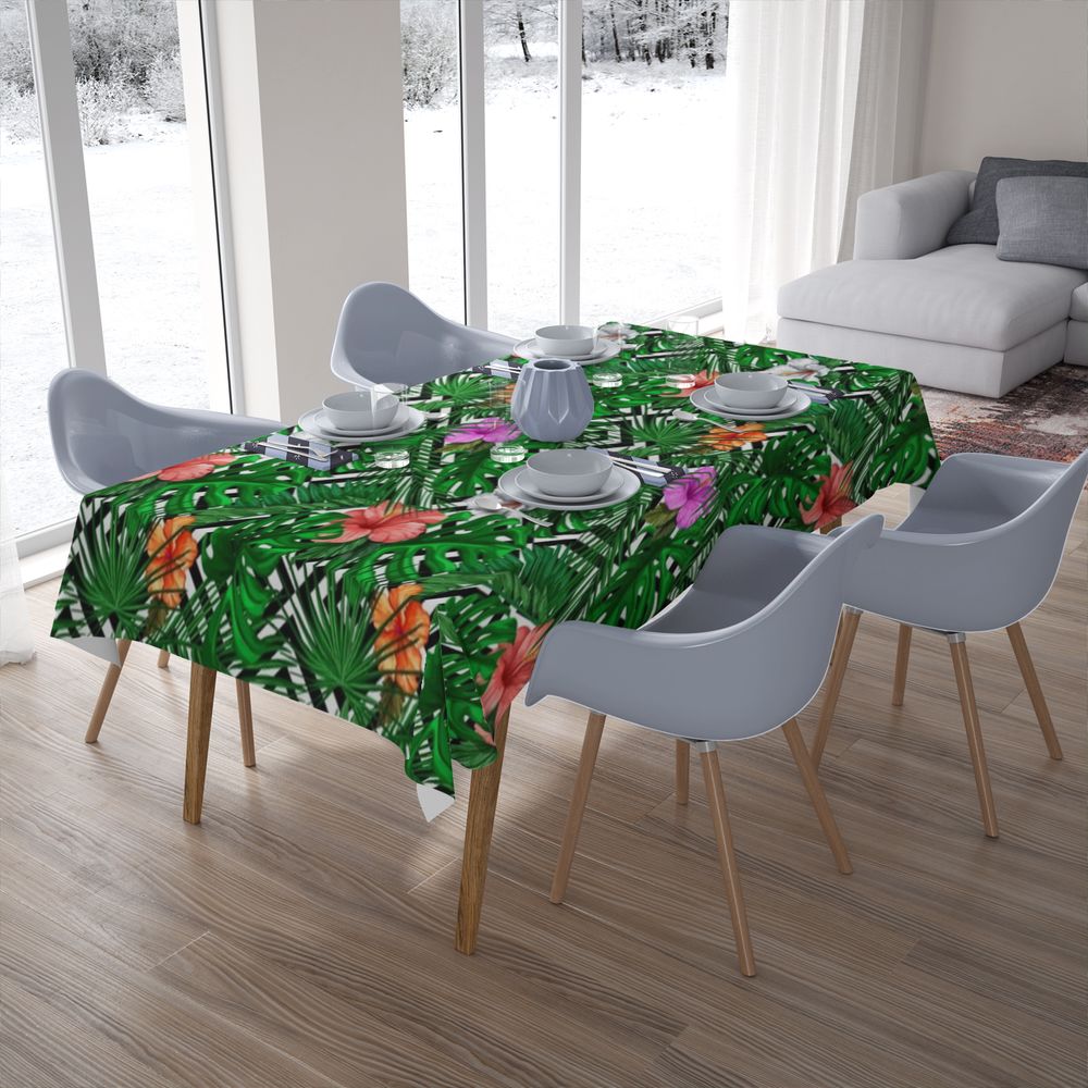 Текстильная фотоскатерть на обеденный стол «Листья папоротника с цветами» вид 7