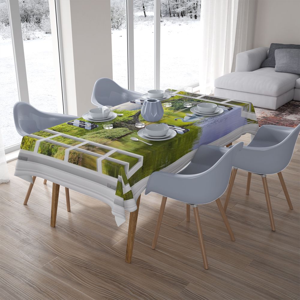 Габардиновая 3D скатерть для стола «Вид на озеро с лебедями» вид 7