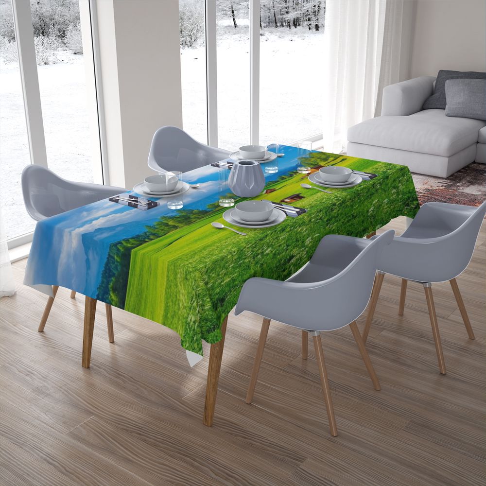 Текстильная скатерть на обеденный стол «Деревня в альпийской долине» вид 7