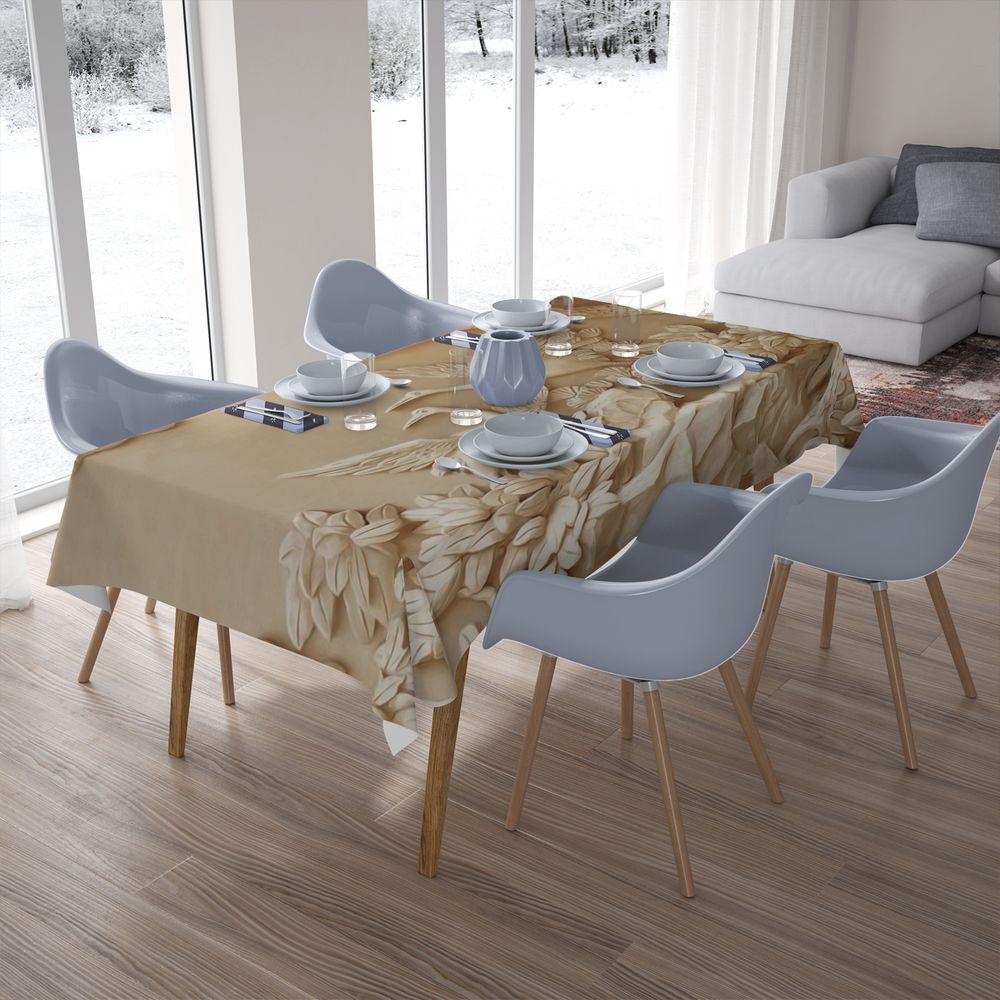 Полотняная 3D скатерть для стола «Журавли резьба по дереву» вид 7