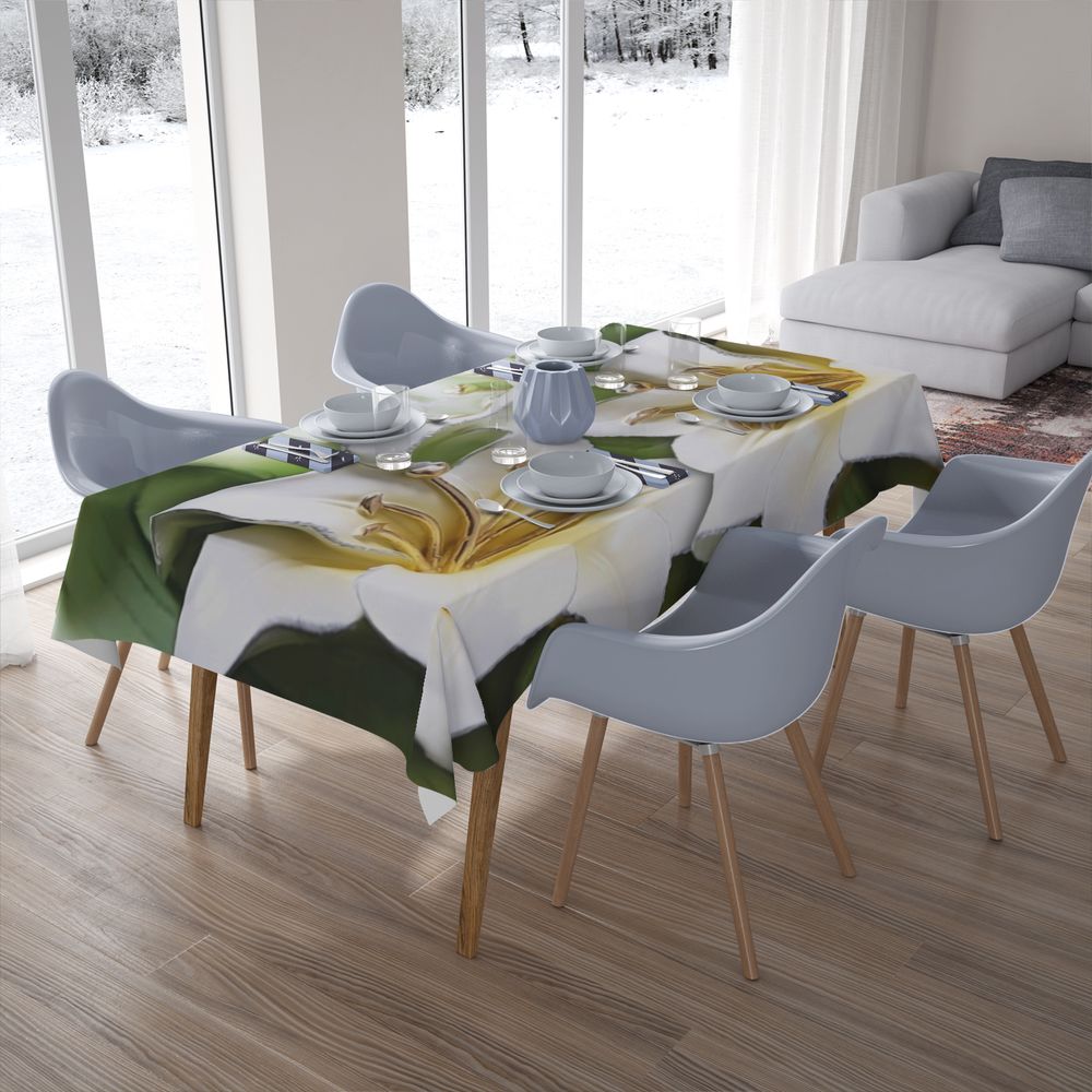 Текстильная 3D скатерть на кухонный стол «Зеленые лилии из керамики» вид 7