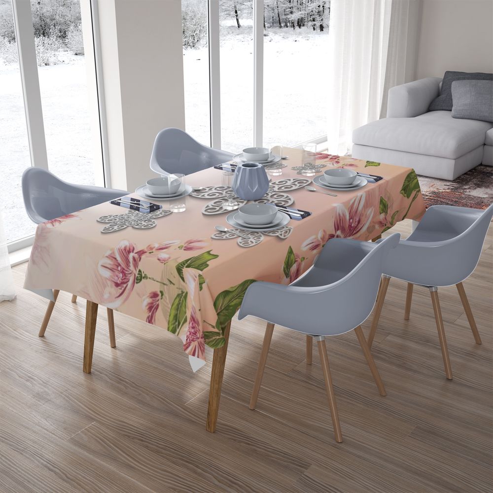 Полотняная скатерть на кухонный стол «Узорчатые цветы на нежном фоне» вид 7