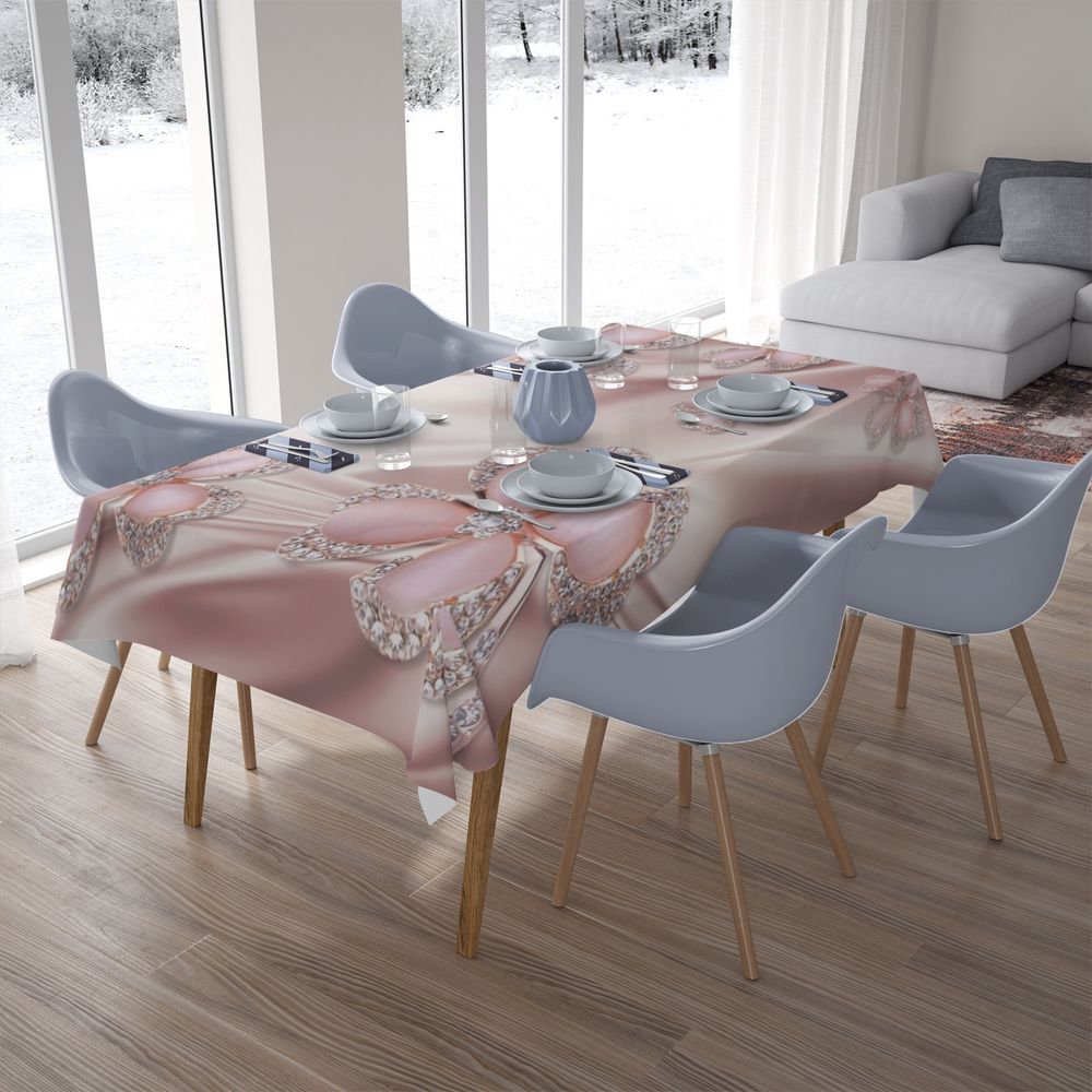 Текстильная 3D скатерть для стола «Клевер с бриллиантами в нежно-розовых тонах» вид 7