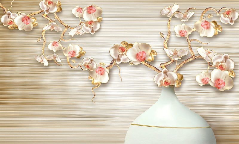 3D Фотообои 3D Фотообои  «Золотистые орхидеи в вазе» 