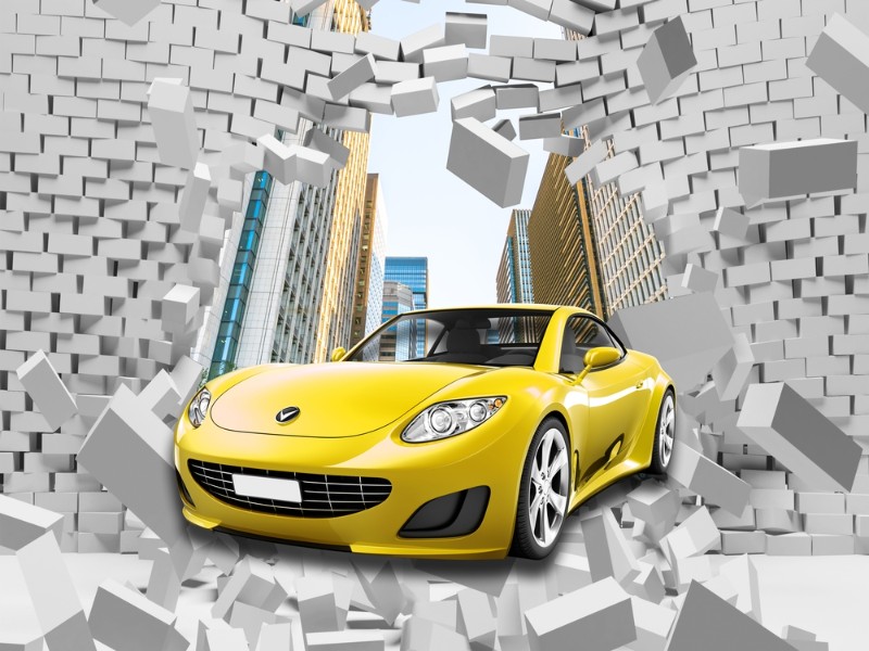 3D Фотообои 3D Фотообои «Желтый автомобиль через стену»