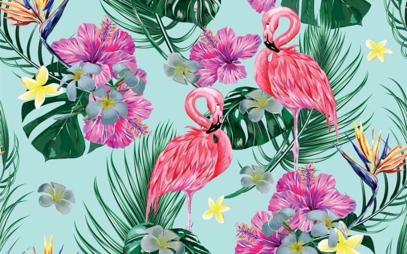 3D Фотообои 3D Фотообои «Фламинго с тропическими листьями»