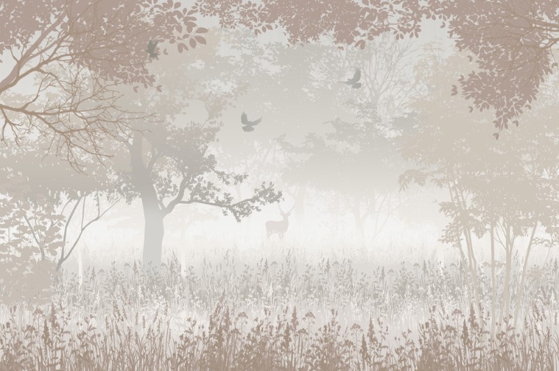 3D Фотообои 3D Фотообои «Лиственный лес с оленем в бежевом»