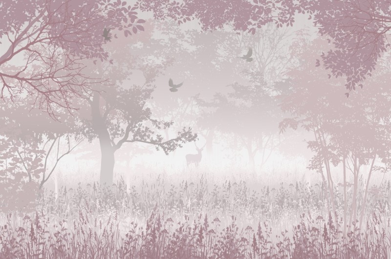 3D Фотообои 3D Фотообои «Лиственый лес с оленем в розовом»