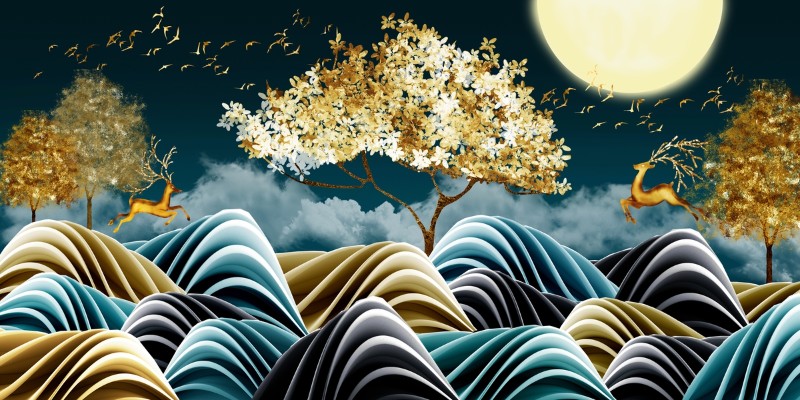 3D Фотообои 3D Фотообои «Олени среди золотых деревьев и волн»