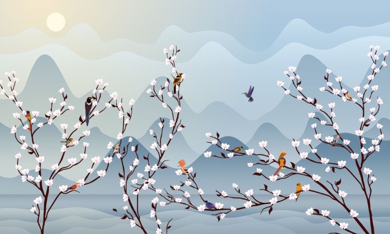 3D Фотообои 3D Фотообои «Птичья стайка на цветущих ветвях»