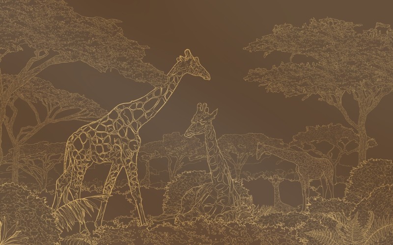 3D Фотообои 3D Фотообои «Золотые жирафы в листве на коричневом»