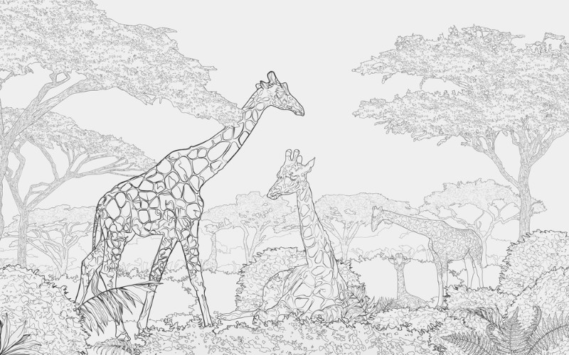 3D Фотообои 3D Фотообои «Чёрно-белые жирафы в листве»