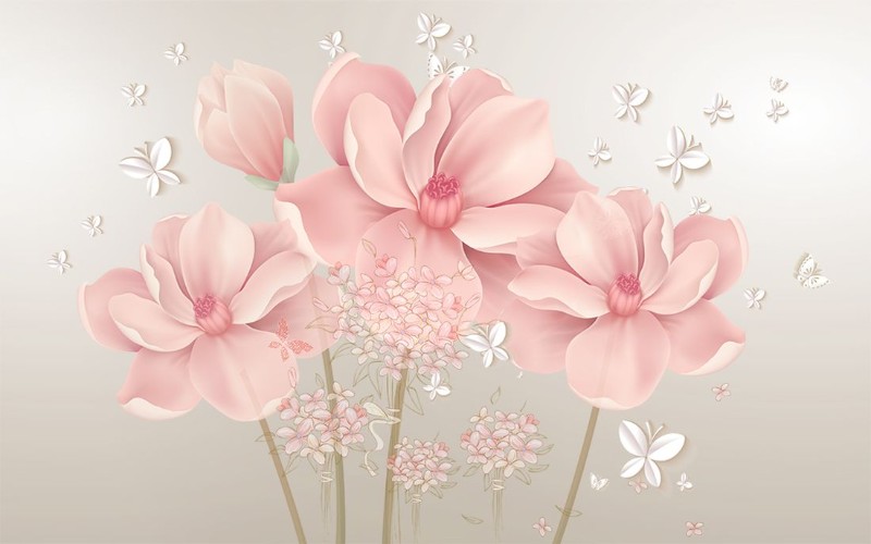 3D Фотообои 3D Фотообои «Нежные цветы с объемными бабочками»