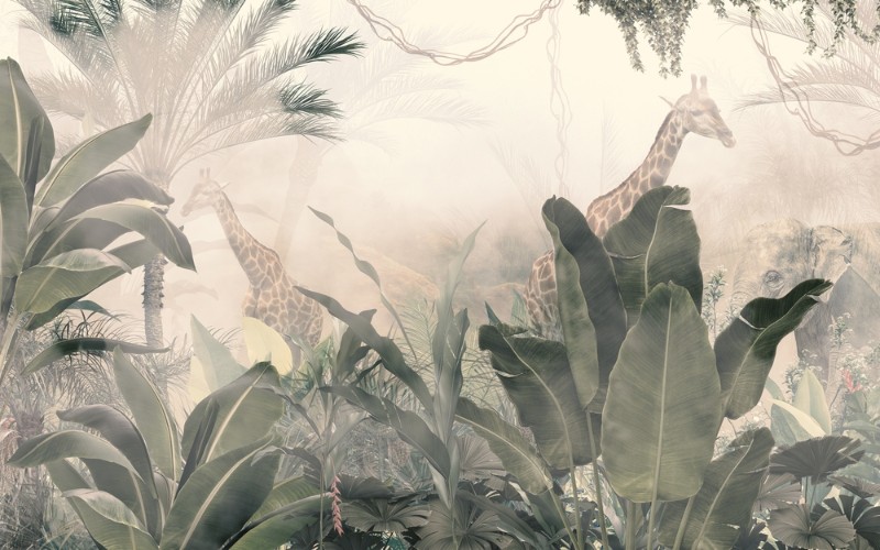3D Фотообои 3D Фотообои «Жирафы за крупными листьями»