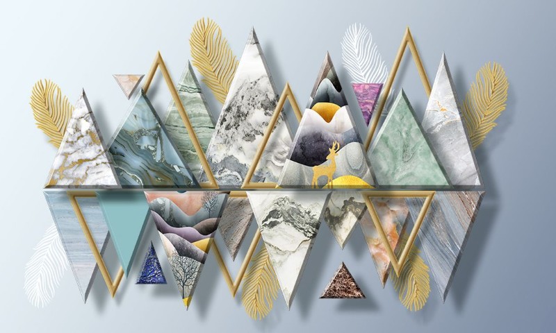 3D Фотообои 3D Фотообои «Золотые перья с мраморными треугольниками»