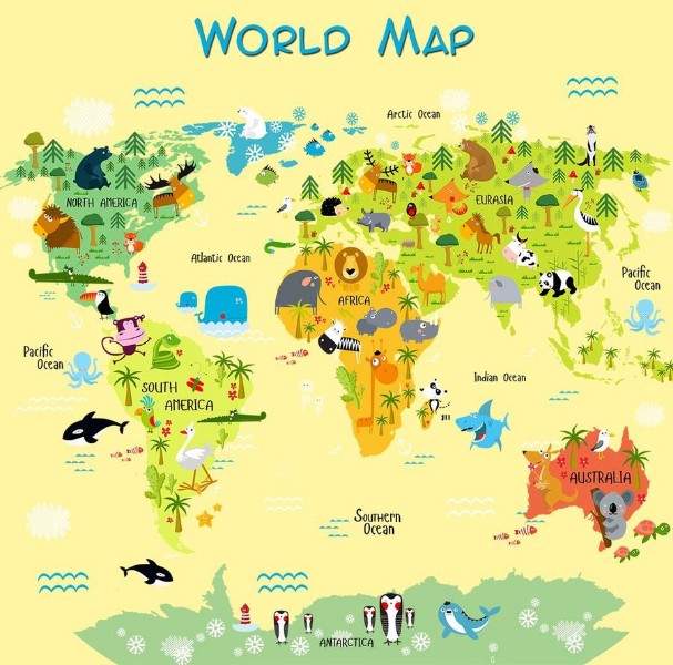 3D Фотообои 3D Фотообои «Детская карта мира на желтом фоне»