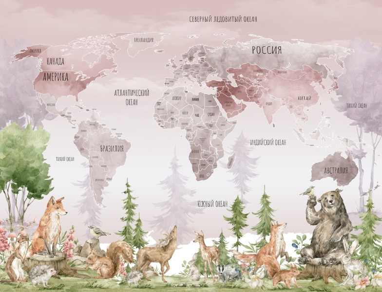 3D Фотообои Фотообои «Карта с лесными животными в розовых тонах»