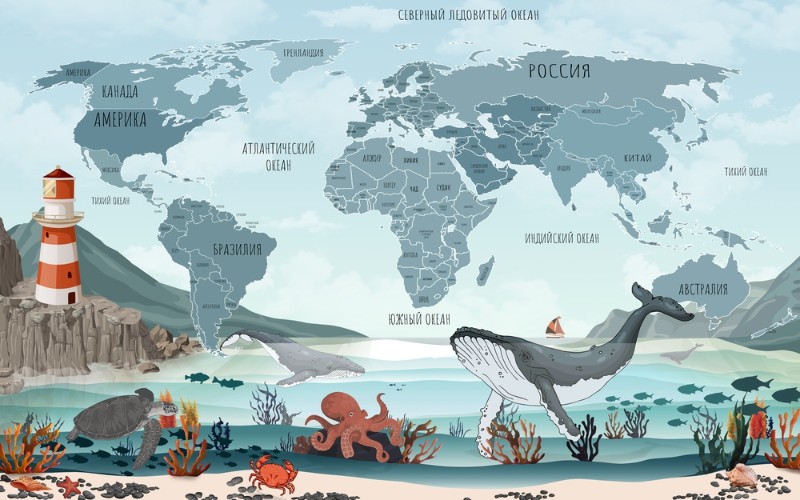 3D Фотообои Фотообои «Бирюзовая карта с морскими животными»