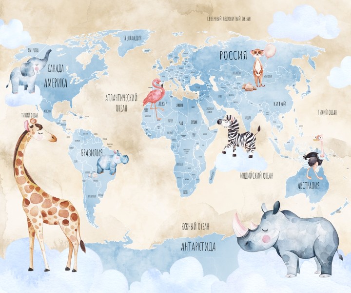 Фотообои «Голубая карта с животными на бежевом» вид 1