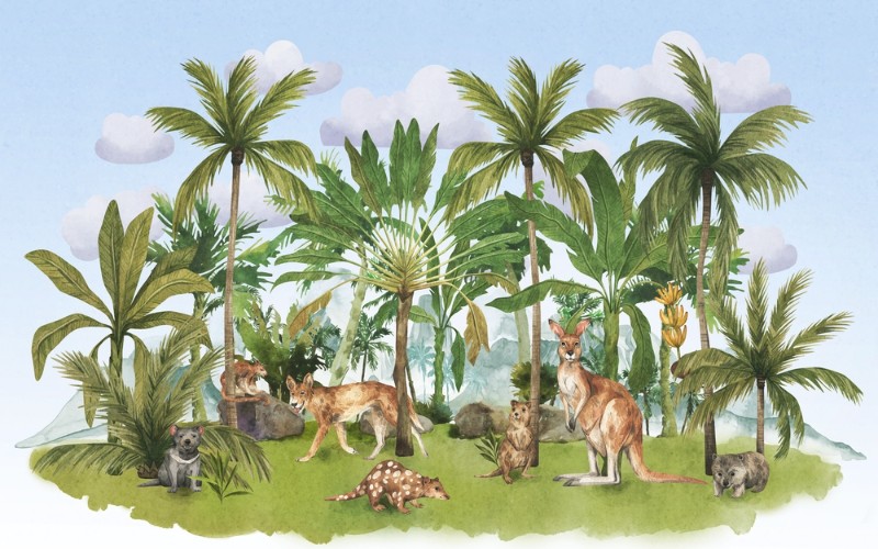 3D Фотообои 3D Фотообои «Австралийские животные среди пальм на голубом»