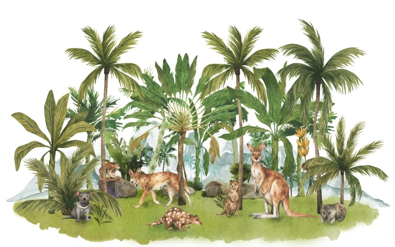 3D Фотообои 3D Фотообои «Австралийские животные среди пальм»