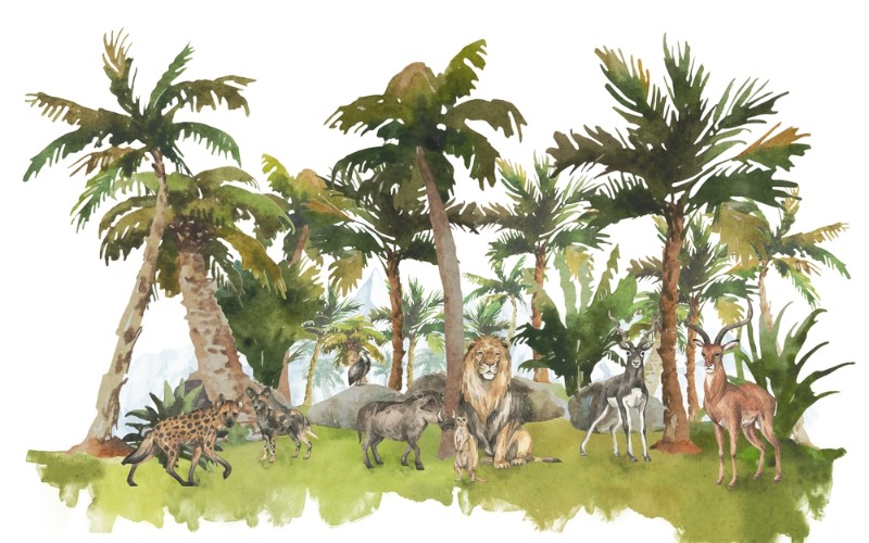 3D Фотообои «Африканские животные среди пальм» вид 1