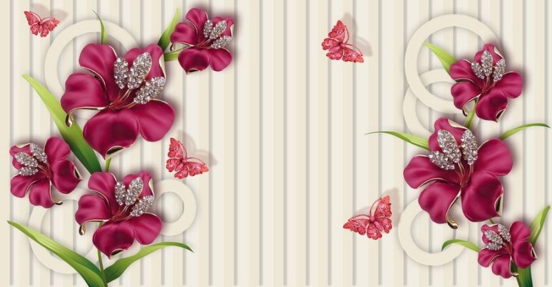 3D Фотообои  «Драгоценные розовые лилии на бежевом фоне»  вид 1