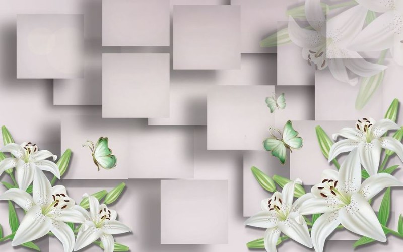 3D Фотообои 3D Фотообои  «Салатовые лилии на пудровом фоне» 