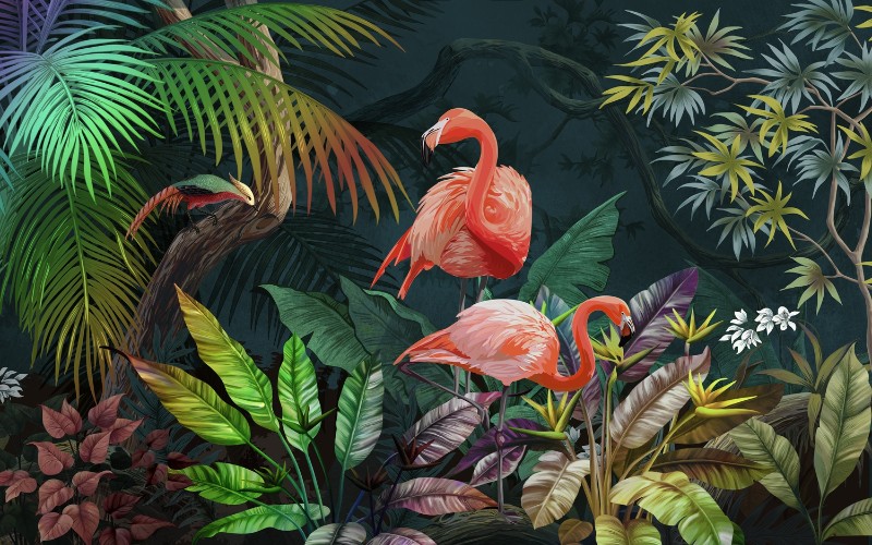 3D Фотообои «Фламинго в ярких листьях»   вид 1