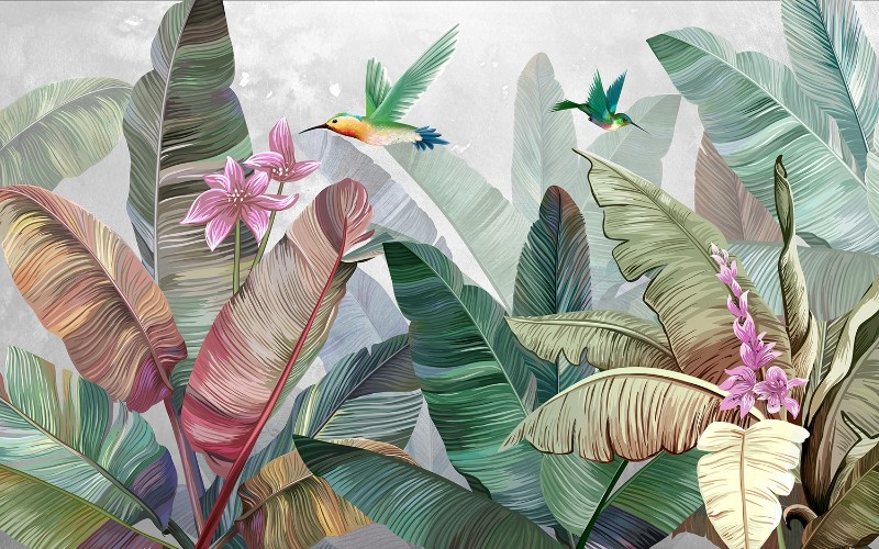 3D Фотообои 3D Фотообои «Колибри в ярких листьях»  