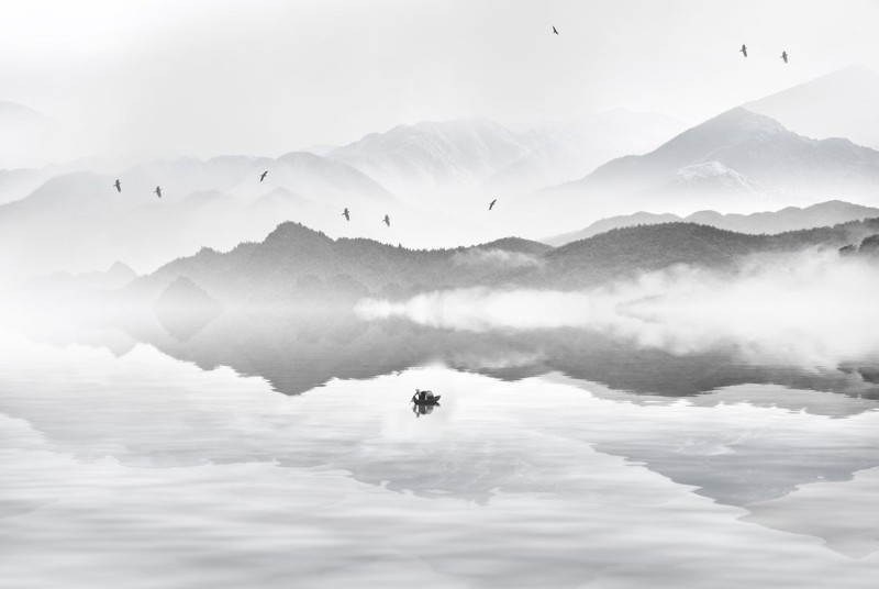 3D Фотообои 3D Фотообои «Одинокая лодка в тумане»