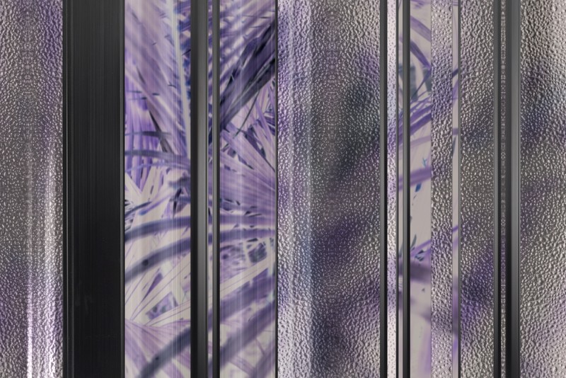 3D Фотообои 3D Фотообои «Крупные фиолетовые тропические листья за стеклом»