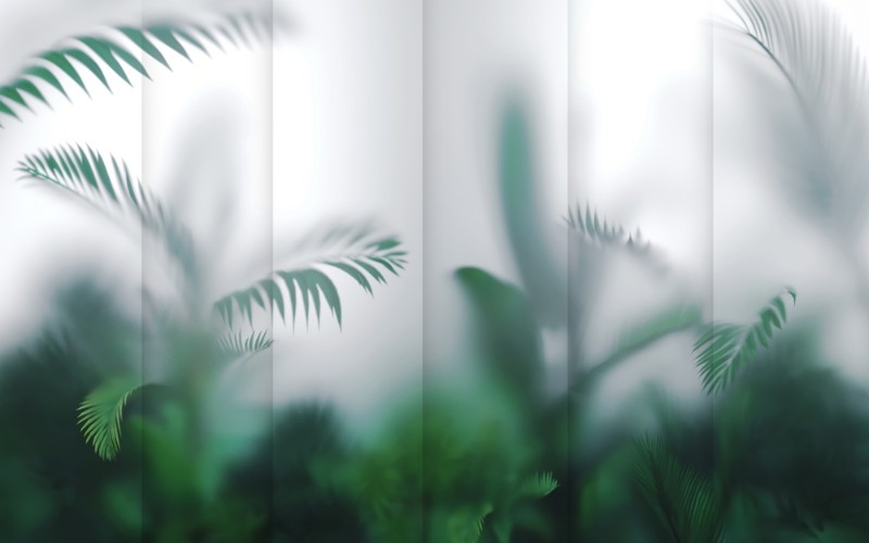 3D Фотообои 3D Фотообои «Тропические листья за стеклянными панелями»