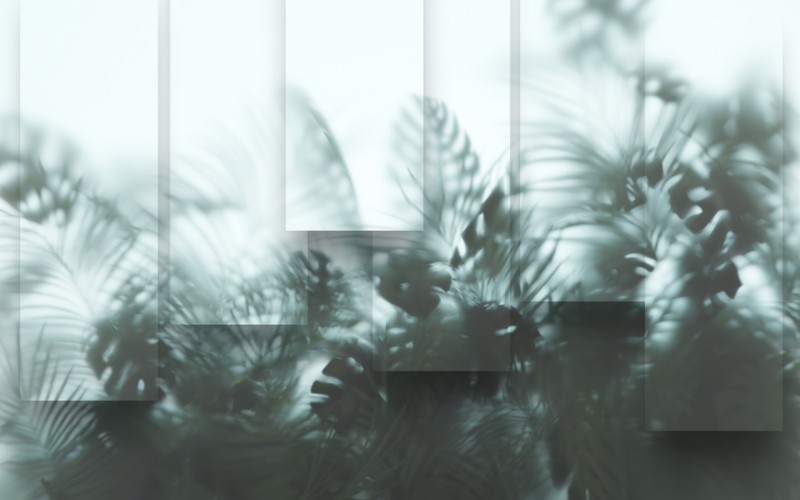 3D Фотообои 3D Фотообои «Тропические листья в дымке за стеклянными панелями»