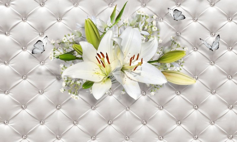 3D Фотообои 3D Фотообои «Лилии с бабочками на роскошной коже»
