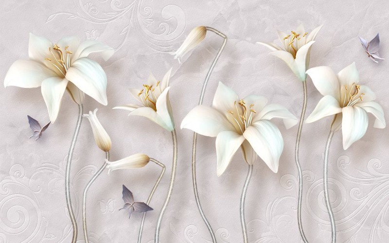 3D Фотообои 3D Фотообои «Бабочки и объемные лилии»