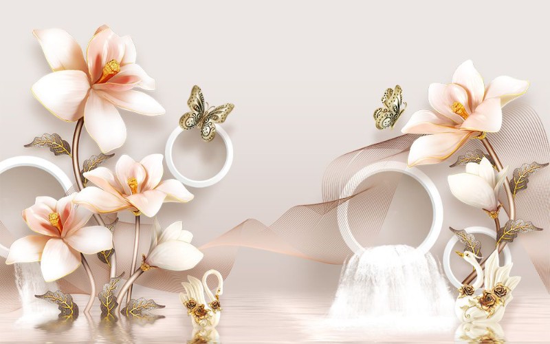 3D Фотообои 3D Фотообои «Объемные орхидеи с бабочками и лебедями»