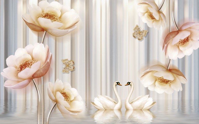 3D Фотообои 3D Фотообои «Лебеди с объемными цветами и бабочками»