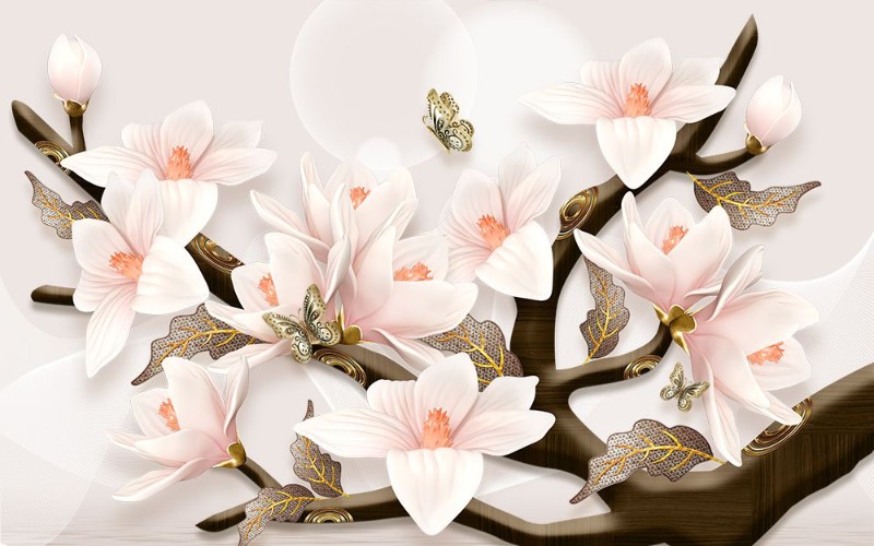 3D Фотообои 3D Фотообои «Шикарная магнолия с бабочками»