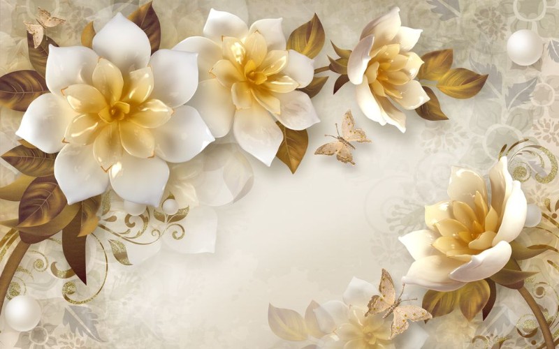 3D Фотообои 3D Фотообои «Барельефные розы в горчичных тонах»