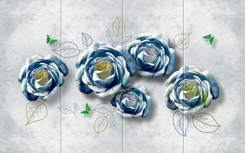 3D Фотообои 3D Фотообои «Волнующие розы с изумрудными бабочками»