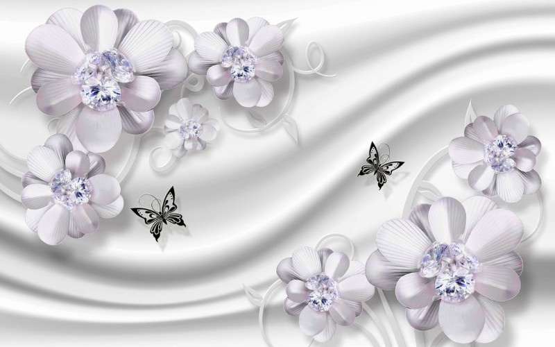 3D Фотообои «Сапфировая фантазия с цветами и бабочками» вид 1