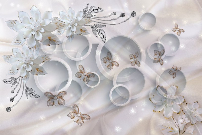 3D Фотообои 3D Фотообои «Объемные круги с драгоценными цветами и бабочками»