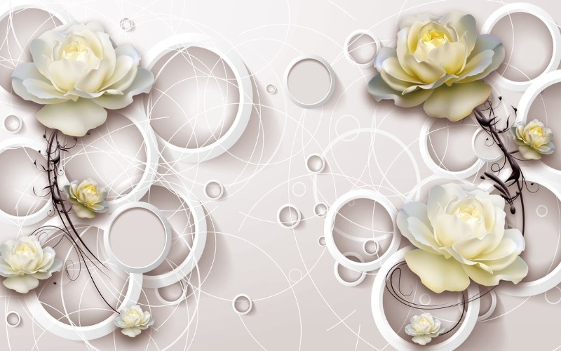 3D Фотообои «Нежные розы с объемными кольцами» вид 1
