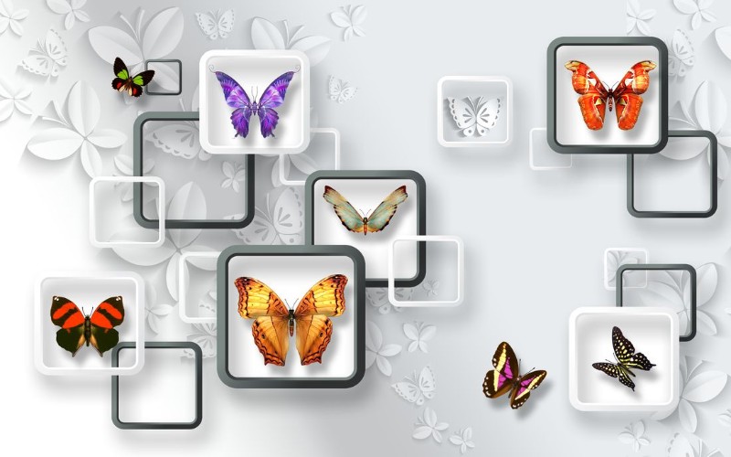 3D Фотообои 3D Фотообои «Яркие бабочки на объемном фоне»