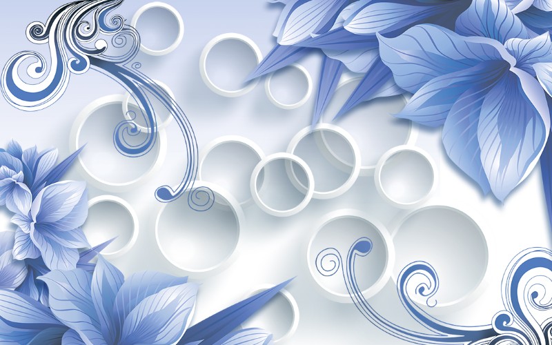 3D Фотообои «Синие цветы на фоне с кругами» вид 1