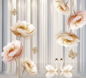 Шторы для ванной «Лебеди с объемными цветами и бабочками»