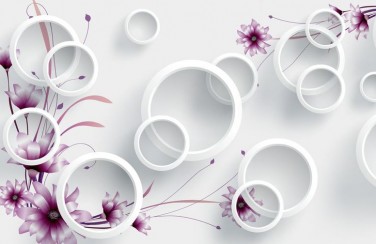 3D Ковер «Объемные белые кольца с полевыми цветами»