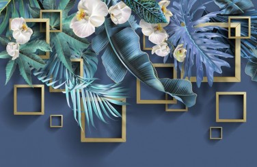 3D Ковер «Дикие орхидеи с золотыми квадратами»